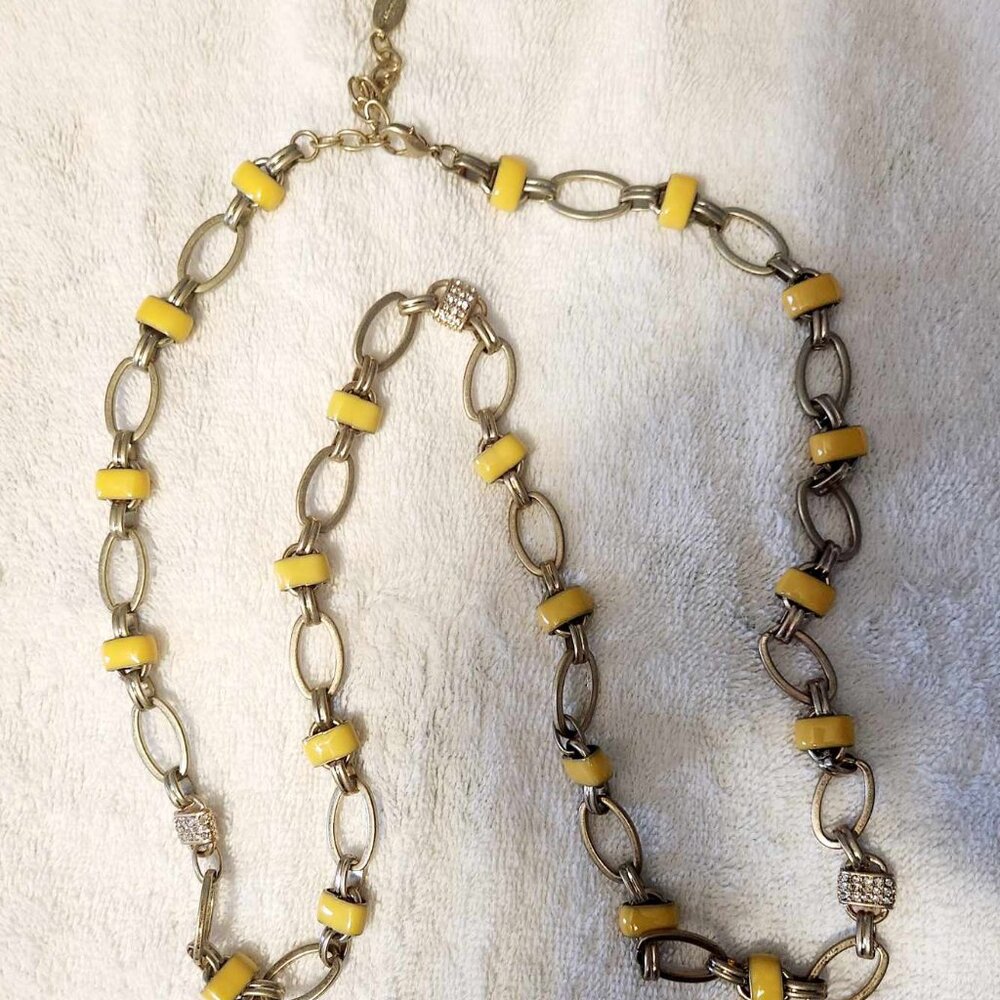 Vintage Coldwater Creek Yellow Metallic and Rhinestone Chain Necklace